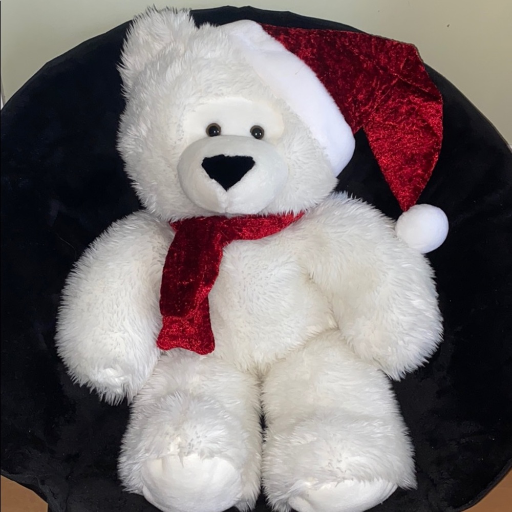 Large and Fluffy White Teddy Bear with Santa Hat